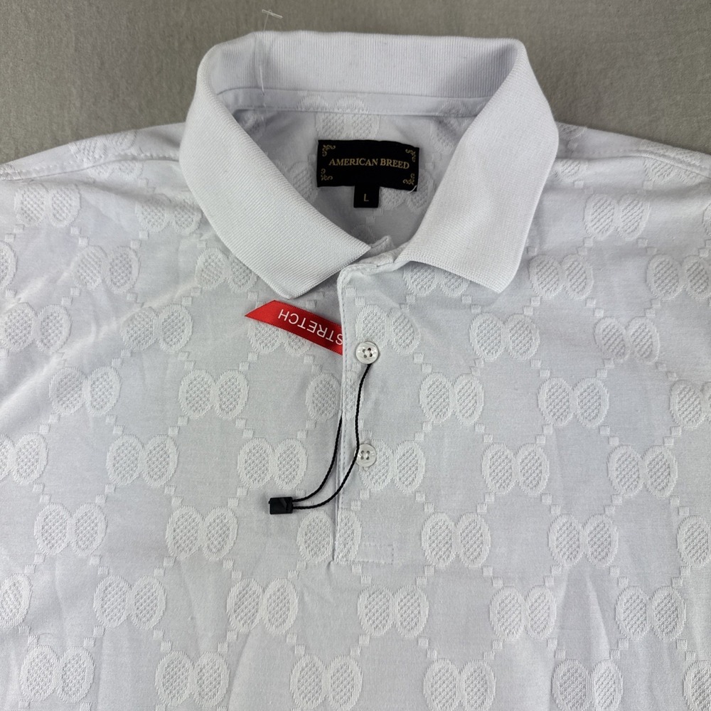 American Breed Polo Mens L White Geometric Golf Shirt Performance Stretch NWOT